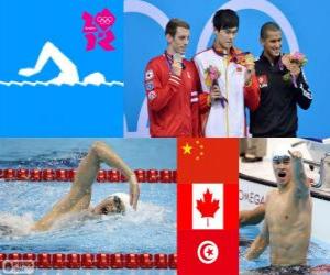 yapboz Podyum 1500 metre Erkekler Serbest stil, Sun Yang (Çin), Ryan Cochrane (Kanada) ve Oussama Mellouli (Tunus) - Londra 2012 - Yüzme